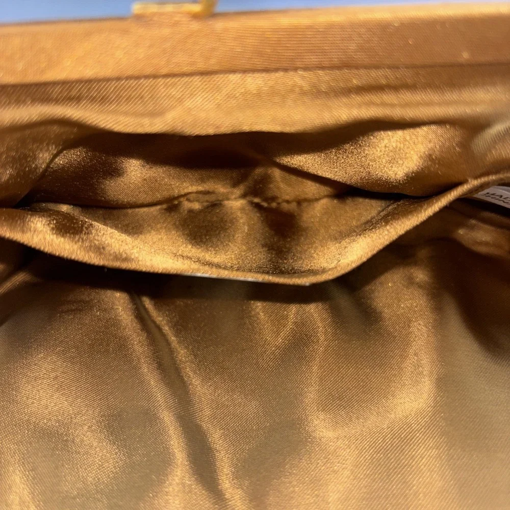 Valerie Stevens Gold Satin Duel Strap Clutch Purse Bow Rhinestone Kiss Lock EUC